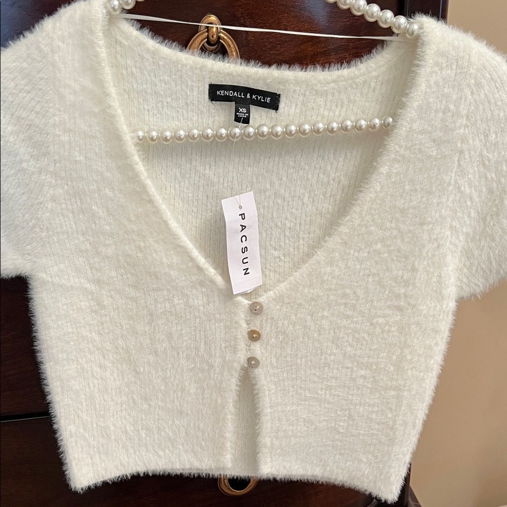 Kendall & Kylie Cream Fuzzy Knit Top